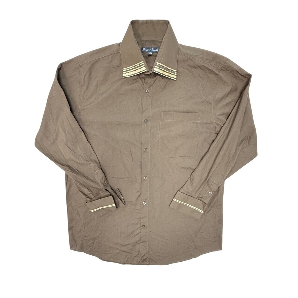 Fortino Landi Mens Brown Embroidered Trim Dress Shirt 16-16.5 34/35 Long Sleeve